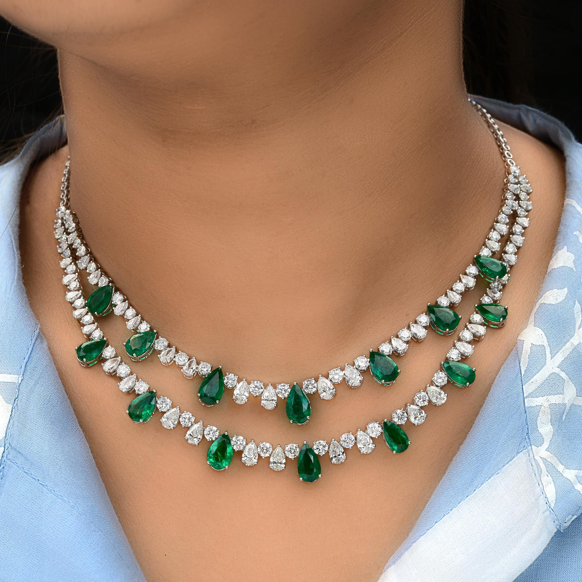 Women's Pear Zambian Emerald Gemstone Necklace SI/H Diamond 18 Karat White Gold Jewelry For Sale