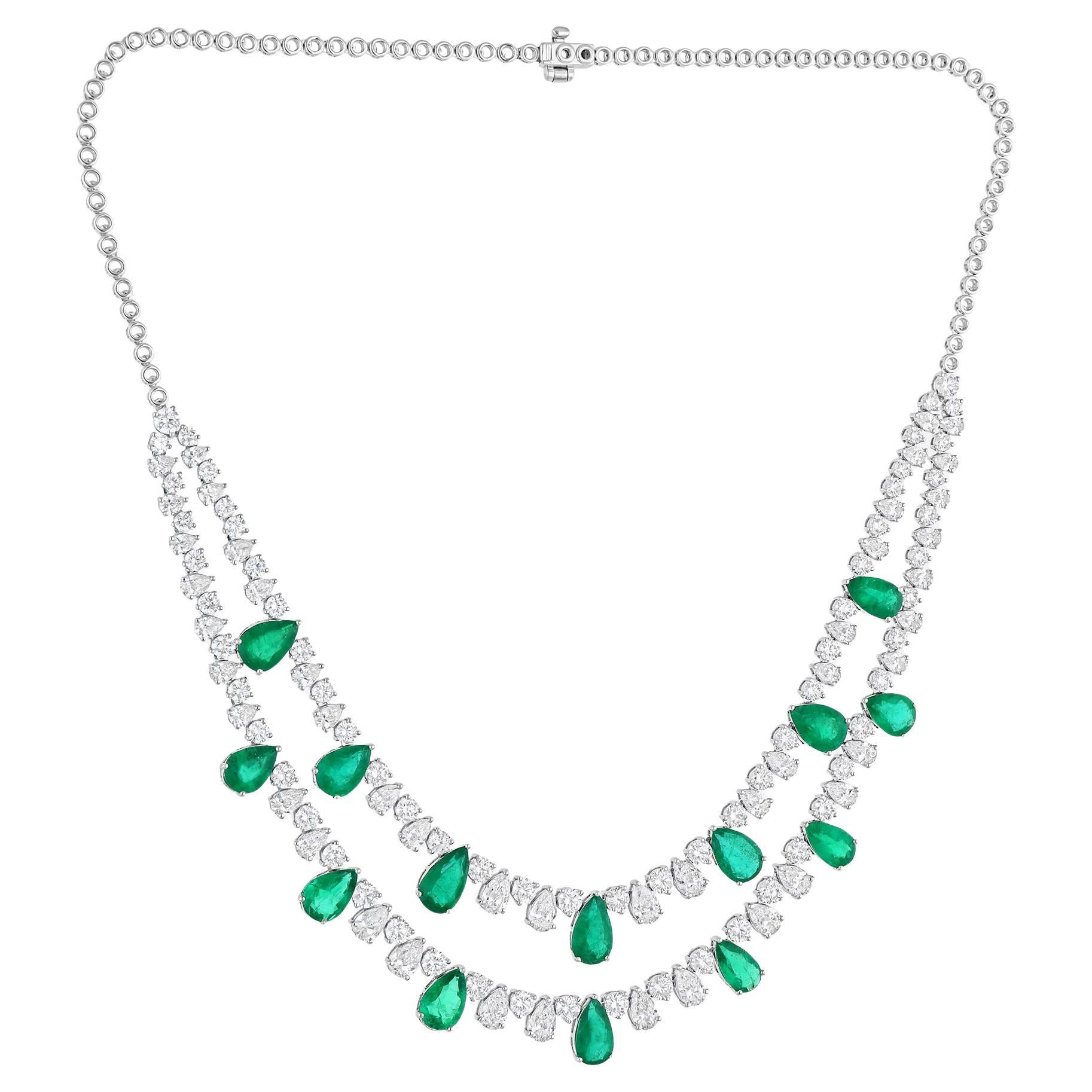 Pear Zambian Emerald Gemstone Necklace SI/H Diamond 18 Karat White Gold Jewelry