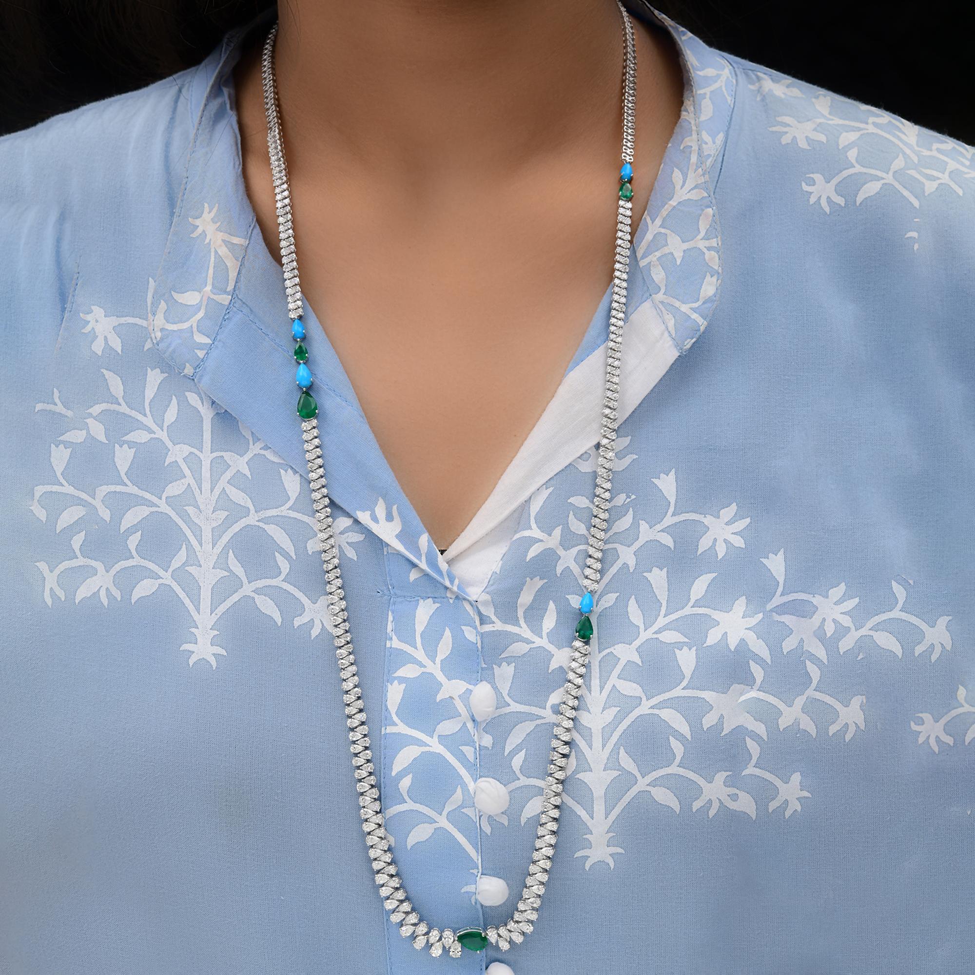 Modern Pear Zambian Emerald Gemstone Necklace SI/H Pear Diamond 14 Karat White Gold For Sale