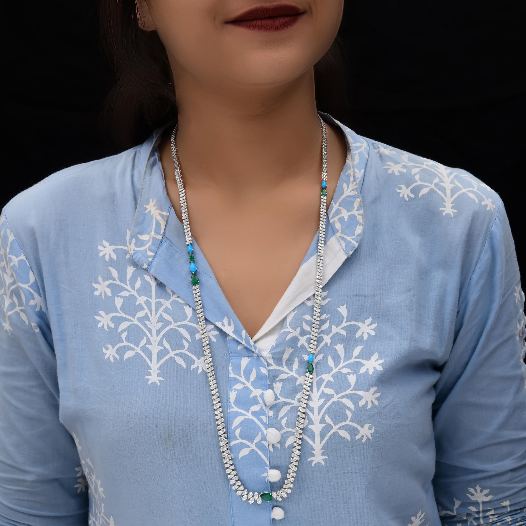 Pear Cut Pear Zambian Emerald Gemstone Necklace SI/H Pear Diamond 14 Karat White Gold For Sale
