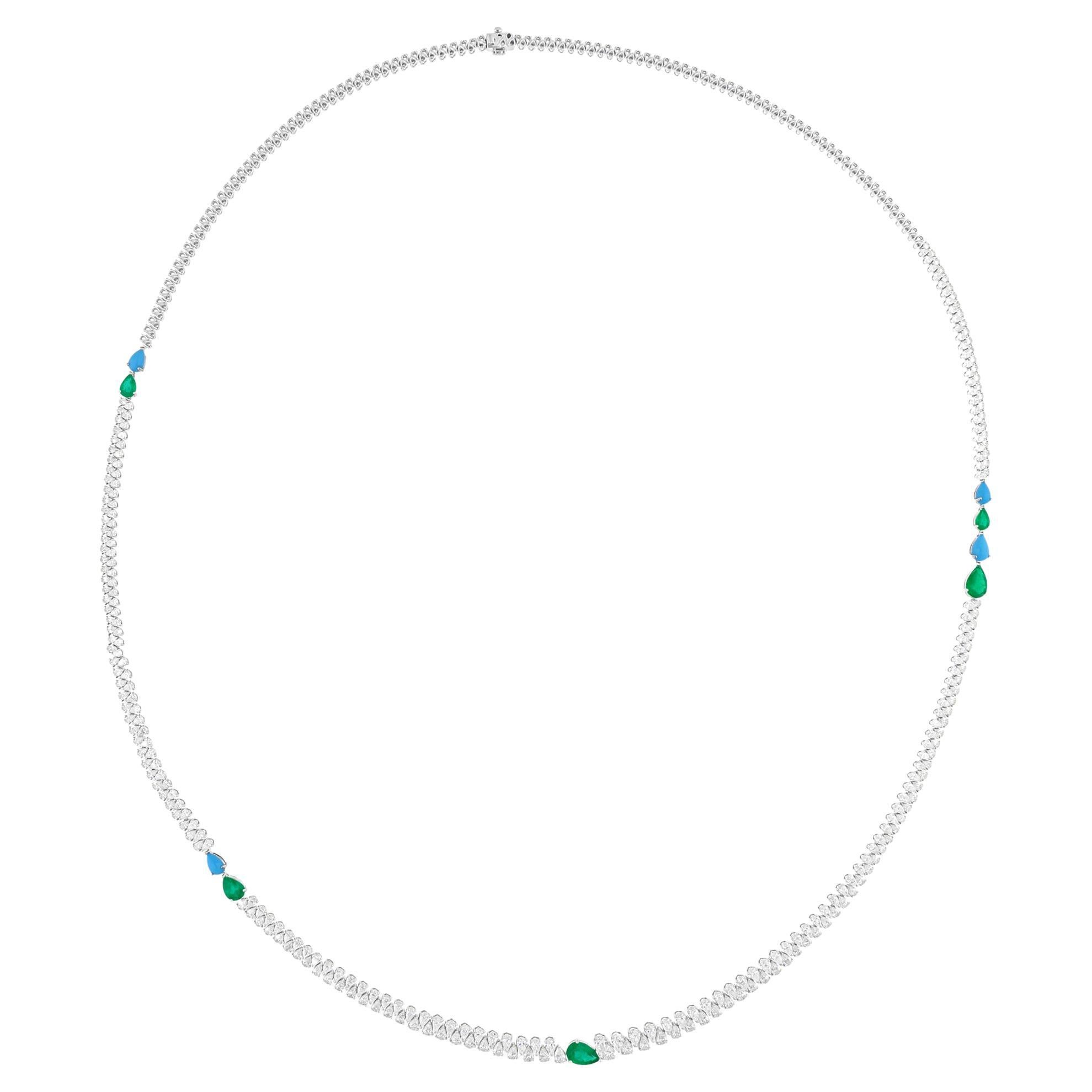 Pear Zambian Emerald Gemstone Necklace SI/H Pear Diamond 14 Karat White Gold