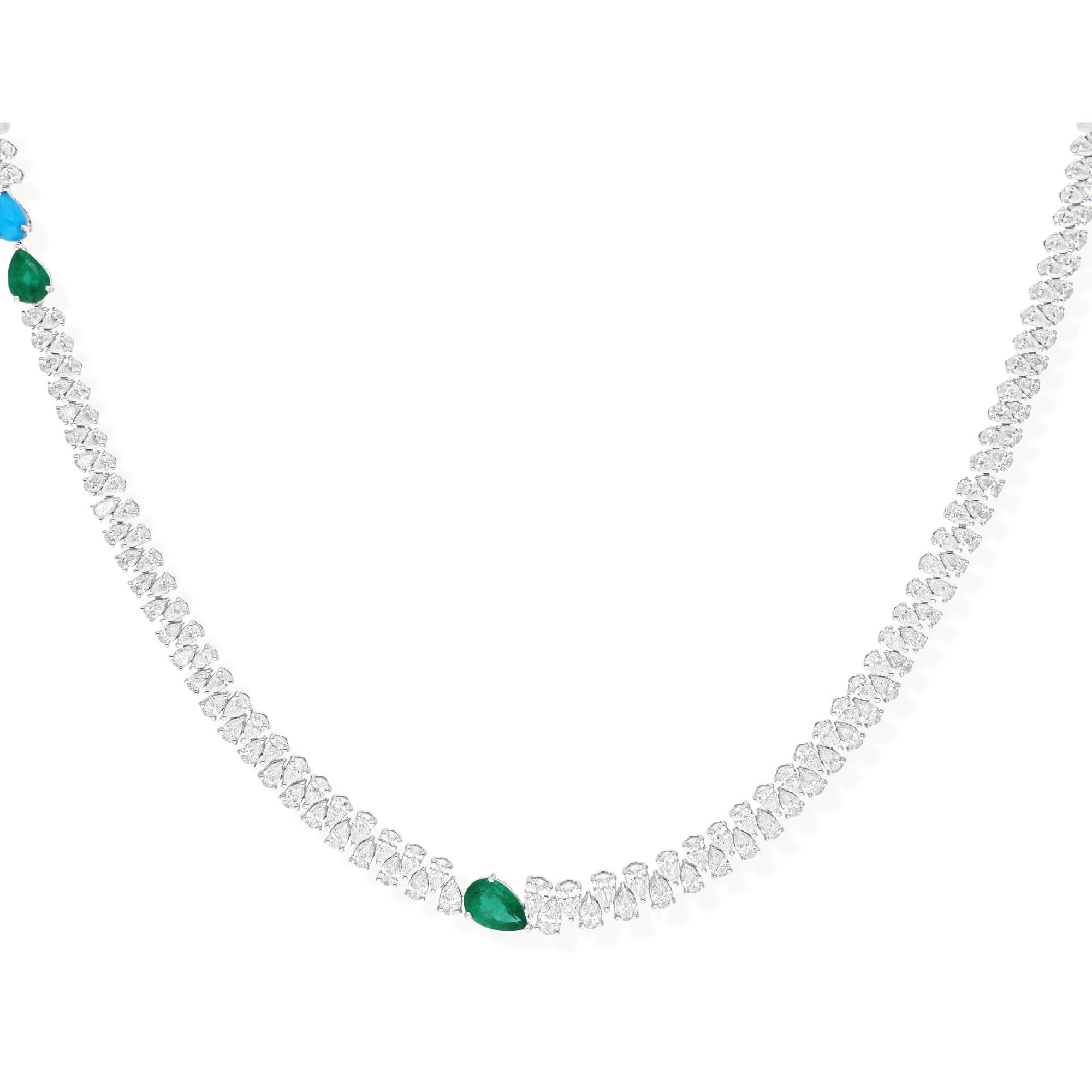 Moderne Collier de pierres précieuses Emeraude de Zambie poire SI/H Diamant poire Or blanc 18 carats en vente