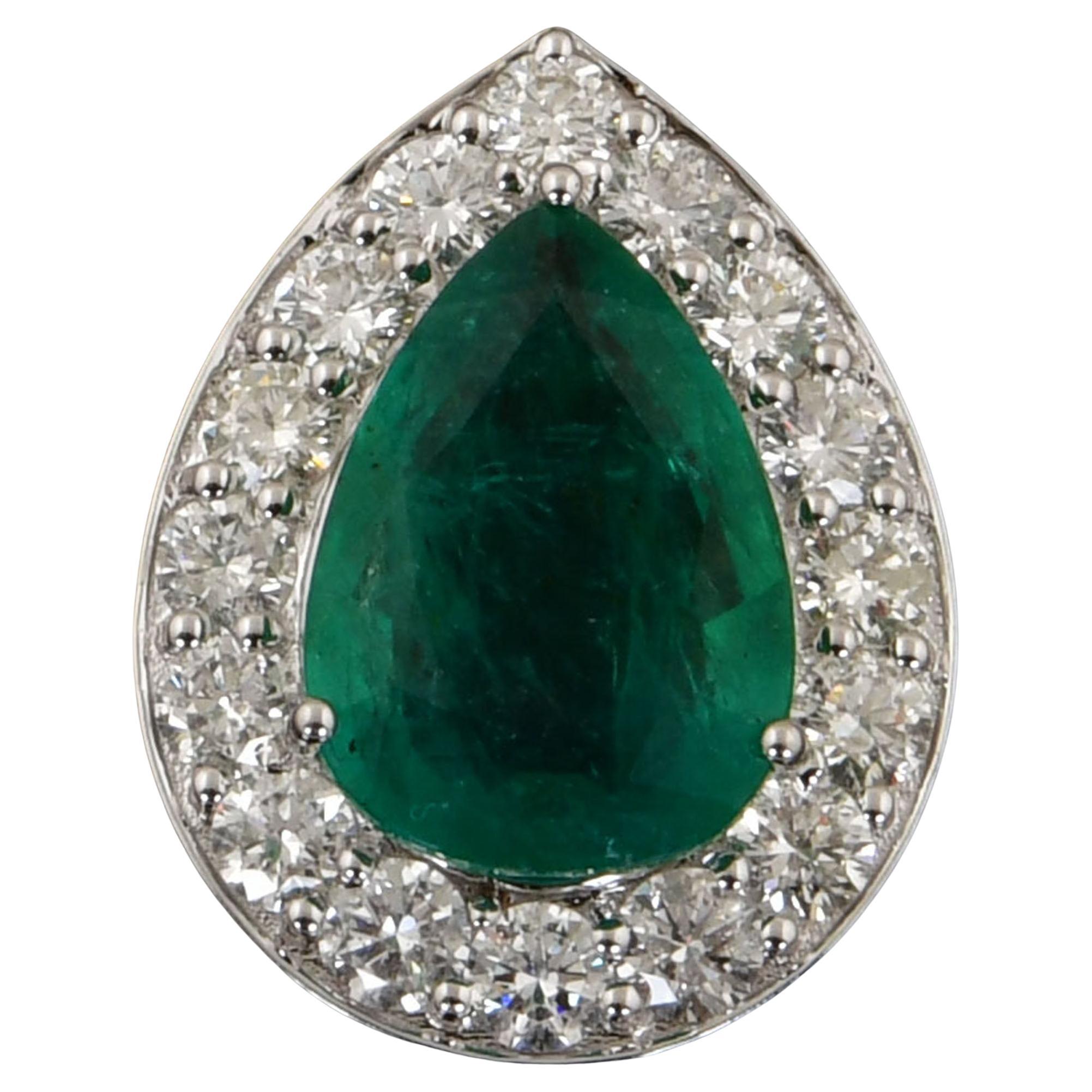 Pear Zambian Emerald Gemstone Pendant Diamond 14 Karat White Gold Fine Jewelry For Sale