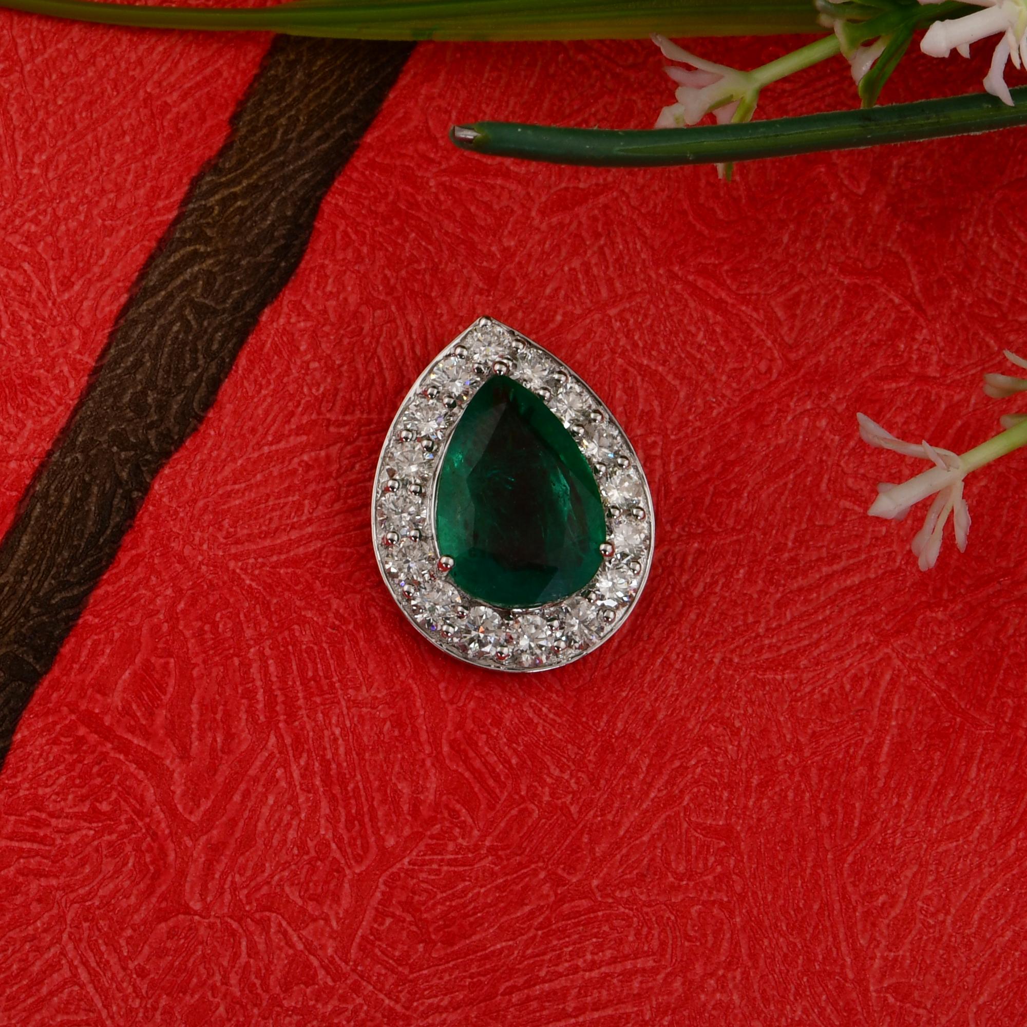 Modern Pear Zambian Emerald Gemstone Pendant Diamond 18 Karat White Gold Fine Jewelry For Sale