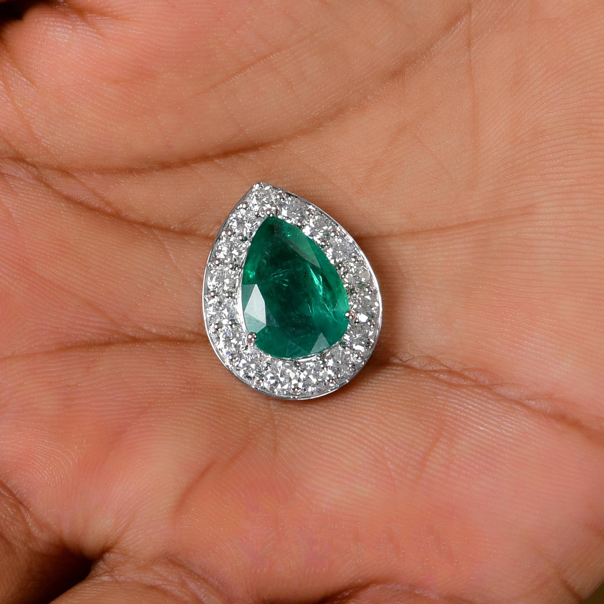 Pear Cut Pear Zambian Emerald Gemstone Pendant Diamond 18 Karat White Gold Fine Jewelry For Sale