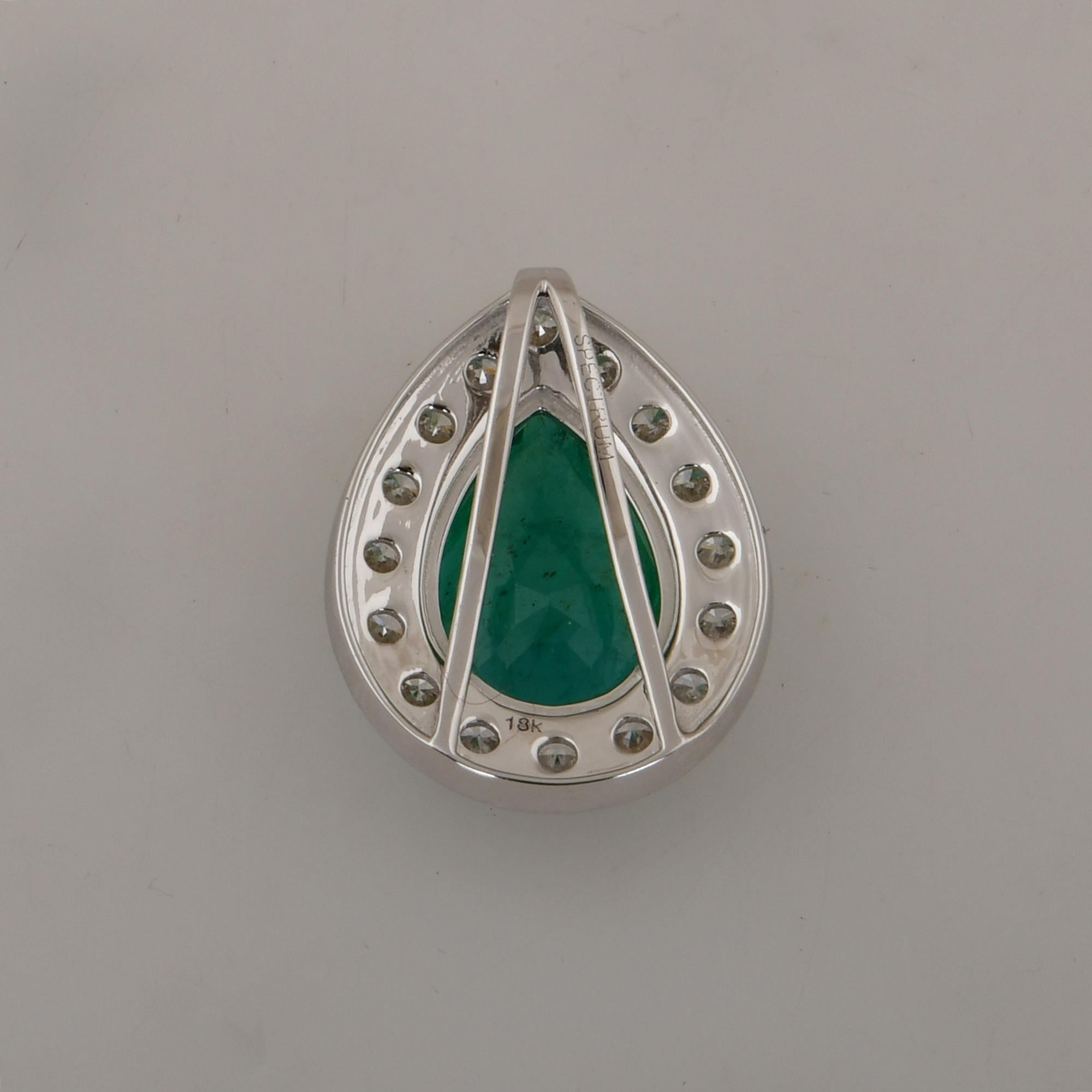 Women's Pear Zambian Emerald Gemstone Pendant Diamond 18 Karat White Gold Fine Jewelry For Sale