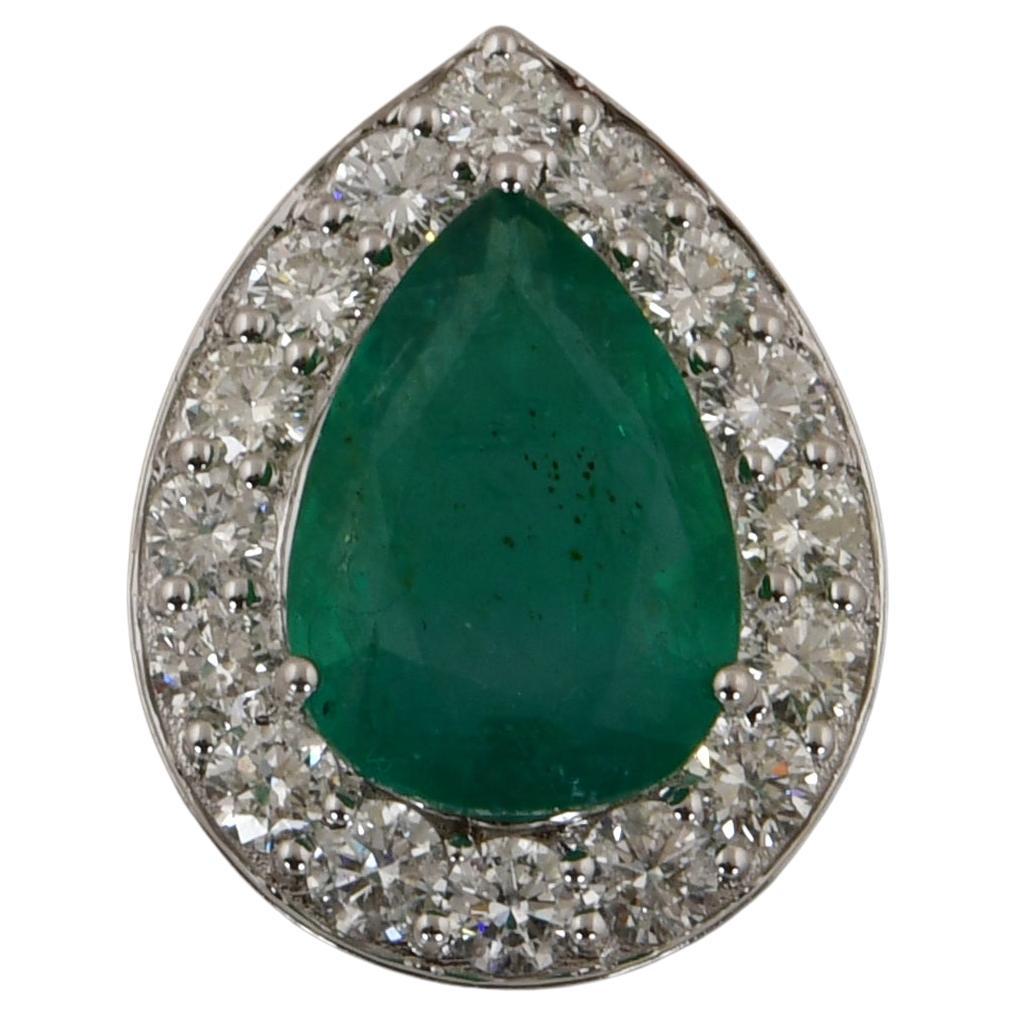 Pear Zambian Emerald Gemstone Pendant Diamond 18 Karat White Gold Fine Jewelry
