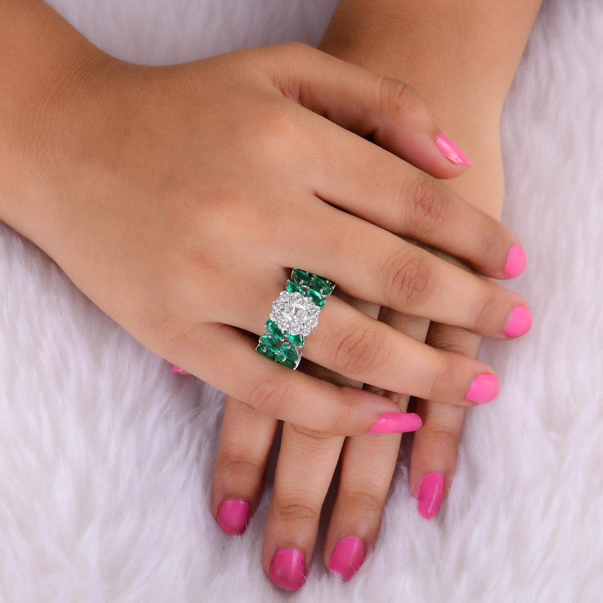 Modern Pear Zambian Emerald Gemstone Ring Diamond 14 Karat White Gold Handmade Jewelry For Sale