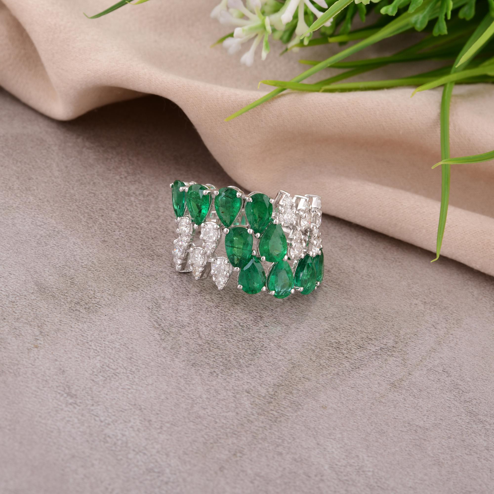 Modern Pear Zambian Emerald Gemstone Ring Diamond 14 Karat White Gold Handmade Jewelry For Sale