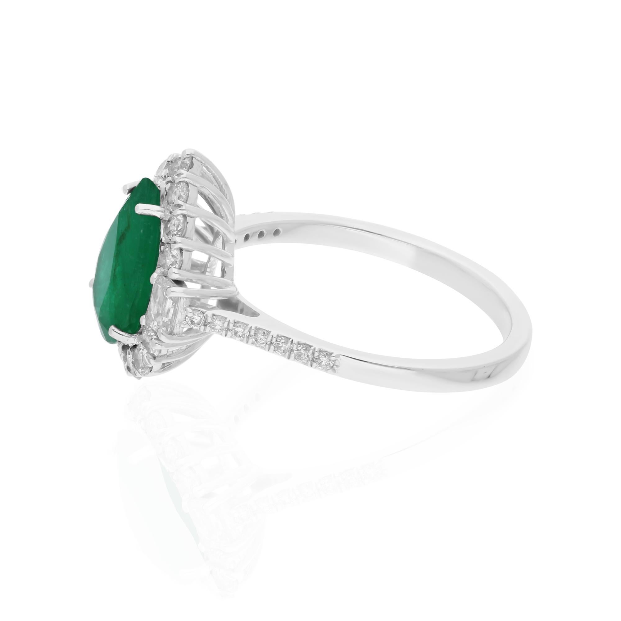 Modern Pear Zambian Emerald Gemstone Ring Diamond 14 Karat White Gold Handmade Jewelry For Sale