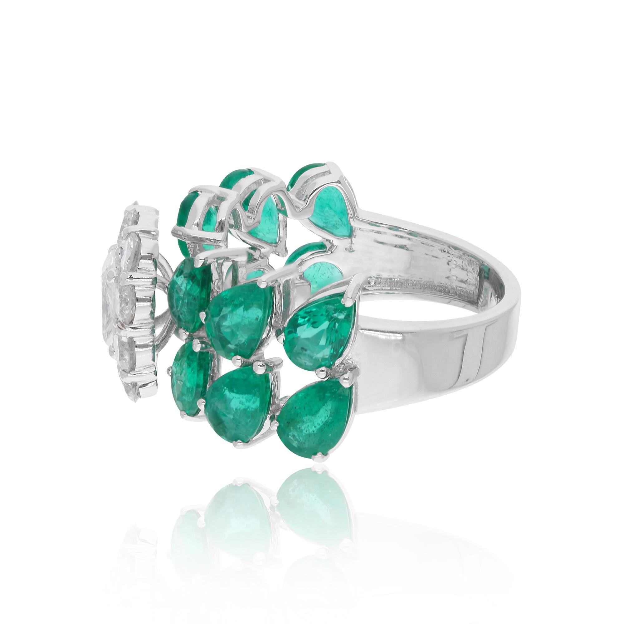 Pear Cut Pear Zambian Emerald Gemstone Ring Diamond 14 Karat White Gold Handmade Jewelry For Sale