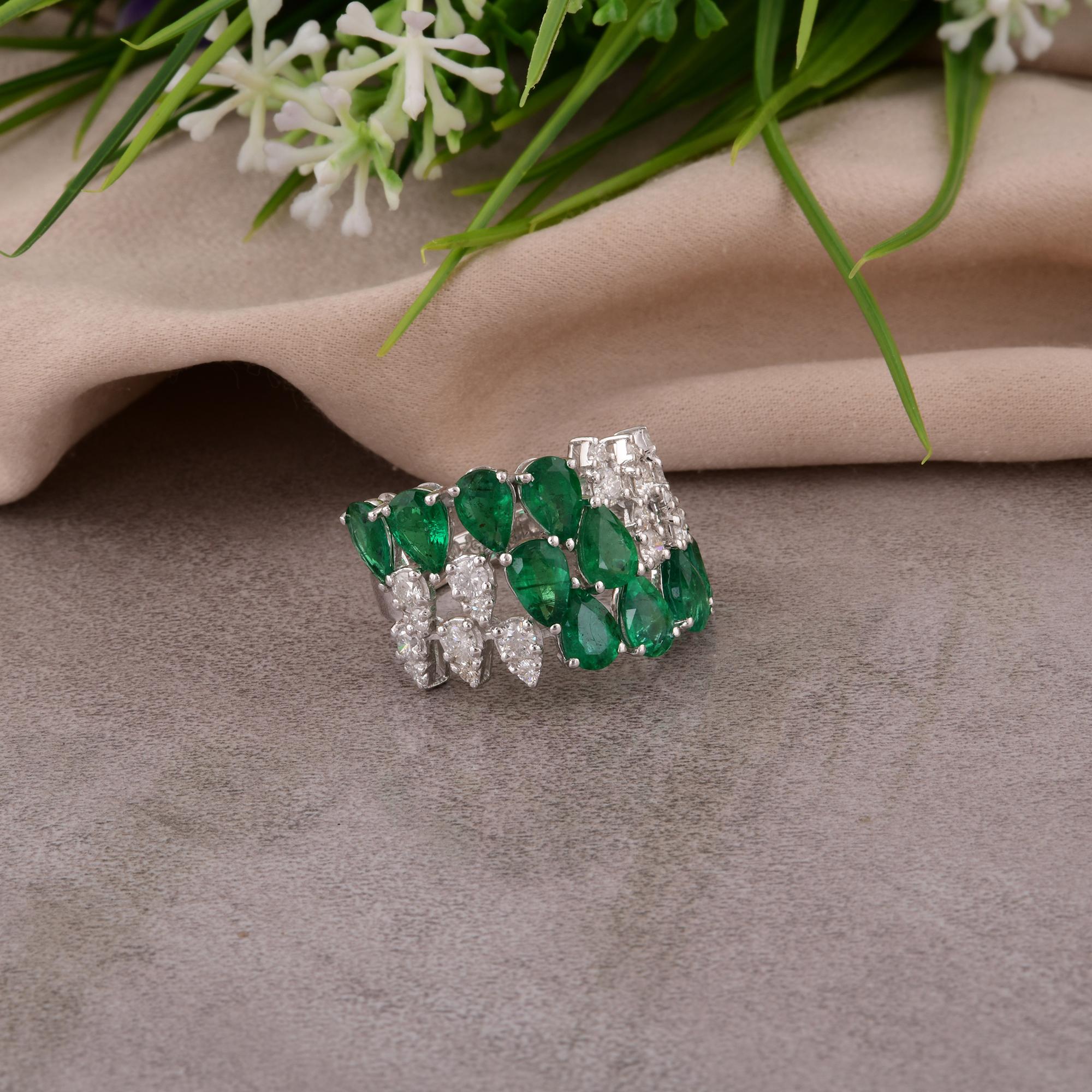 Pear Cut Pear Zambian Emerald Gemstone Ring Diamond 14 Karat White Gold Handmade Jewelry For Sale