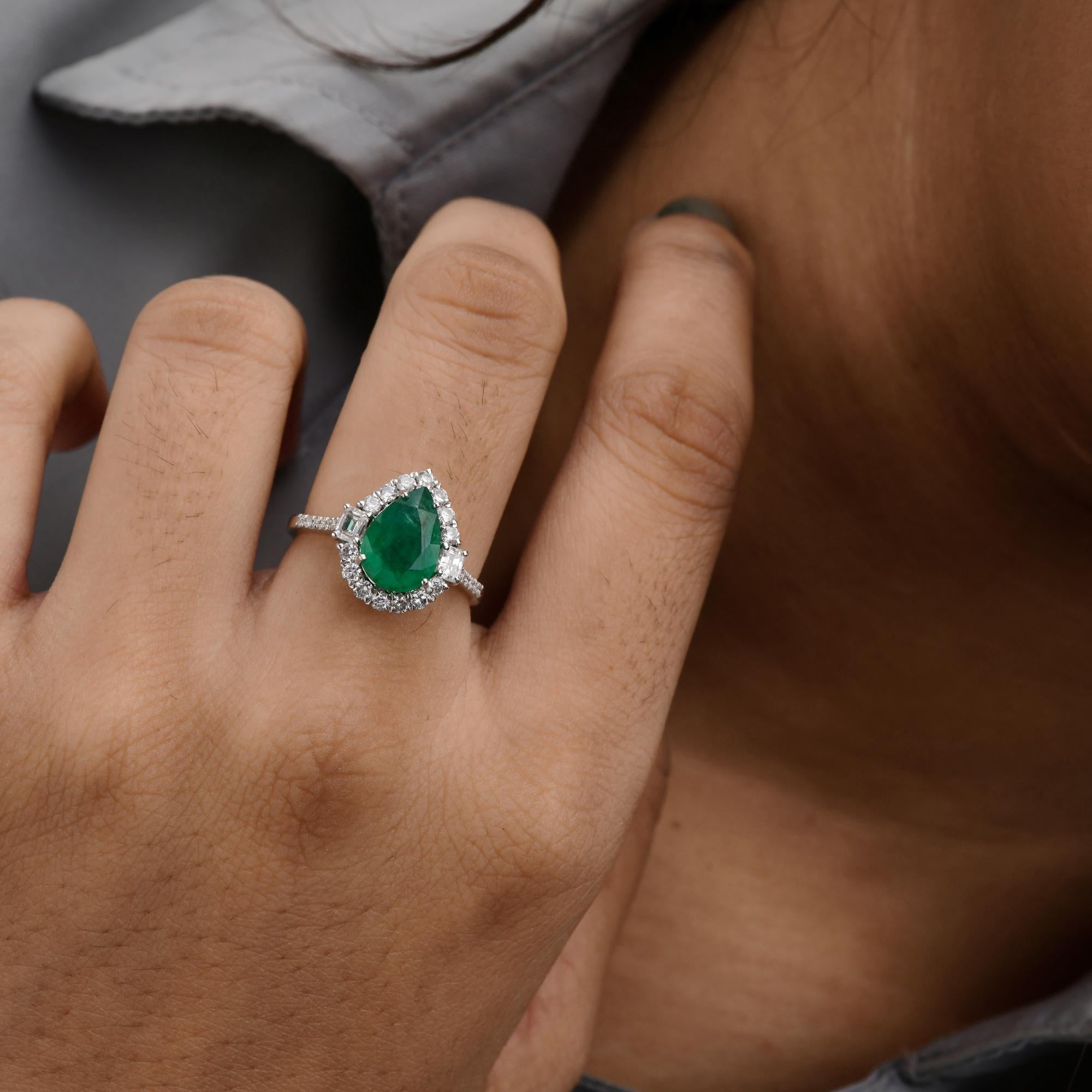 Pear Cut Pear Zambian Emerald Gemstone Ring Diamond 14 Karat White Gold Handmade Jewelry For Sale