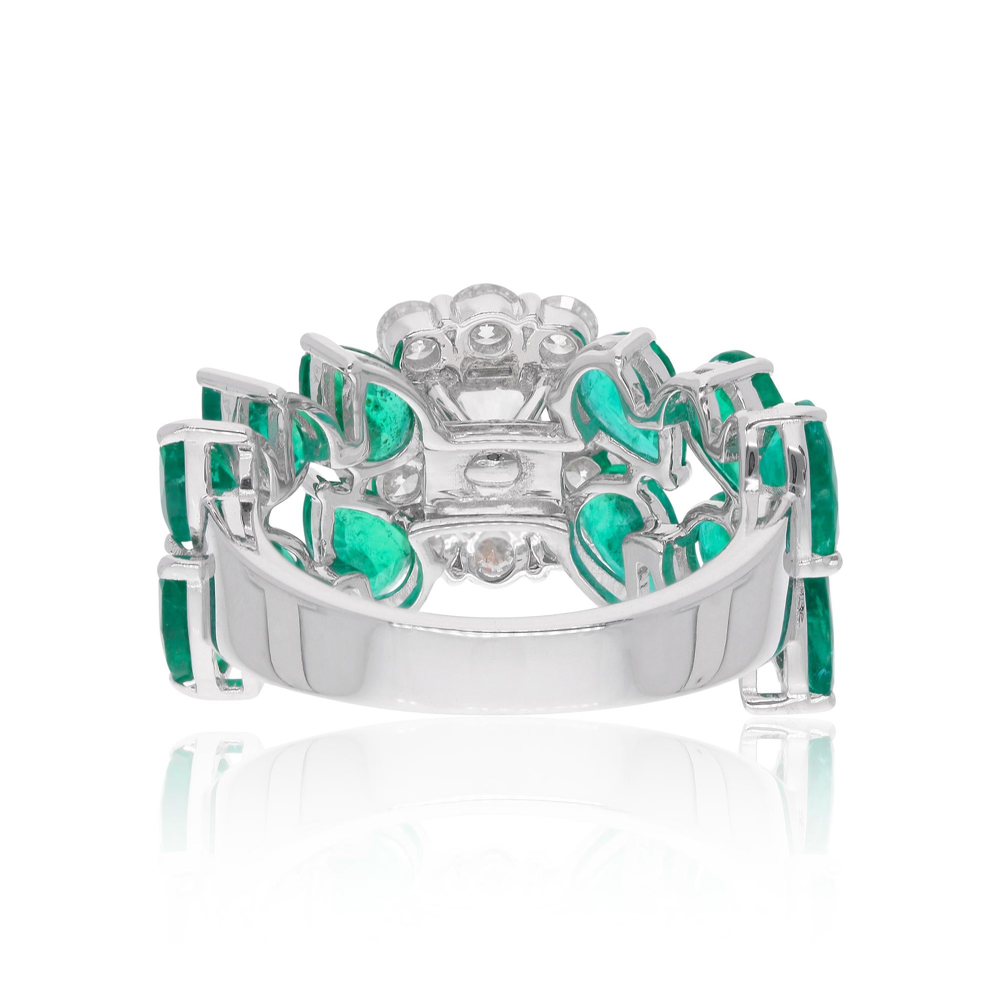 Women's Pear Zambian Emerald Gemstone Ring Diamond 14 Karat White Gold Handmade Jewelry For Sale