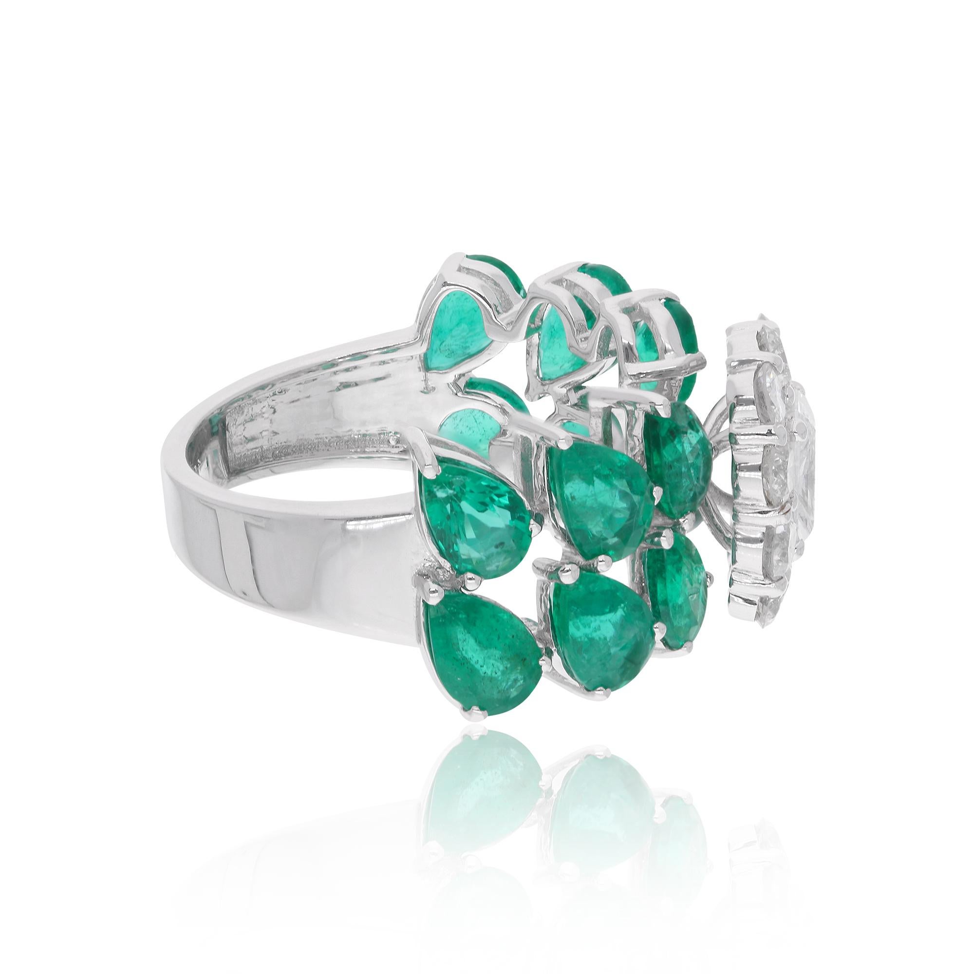 Pear Zambian Emerald Gemstone Ring Diamond 14 Karat White Gold Handmade Jewelry For Sale 1
