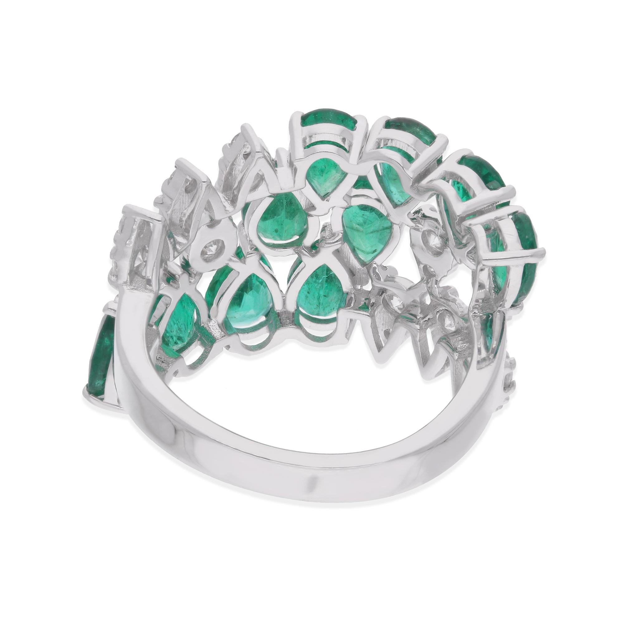 Women's Pear Zambian Emerald Gemstone Ring Diamond 14 Karat White Gold Handmade Jewelry For Sale