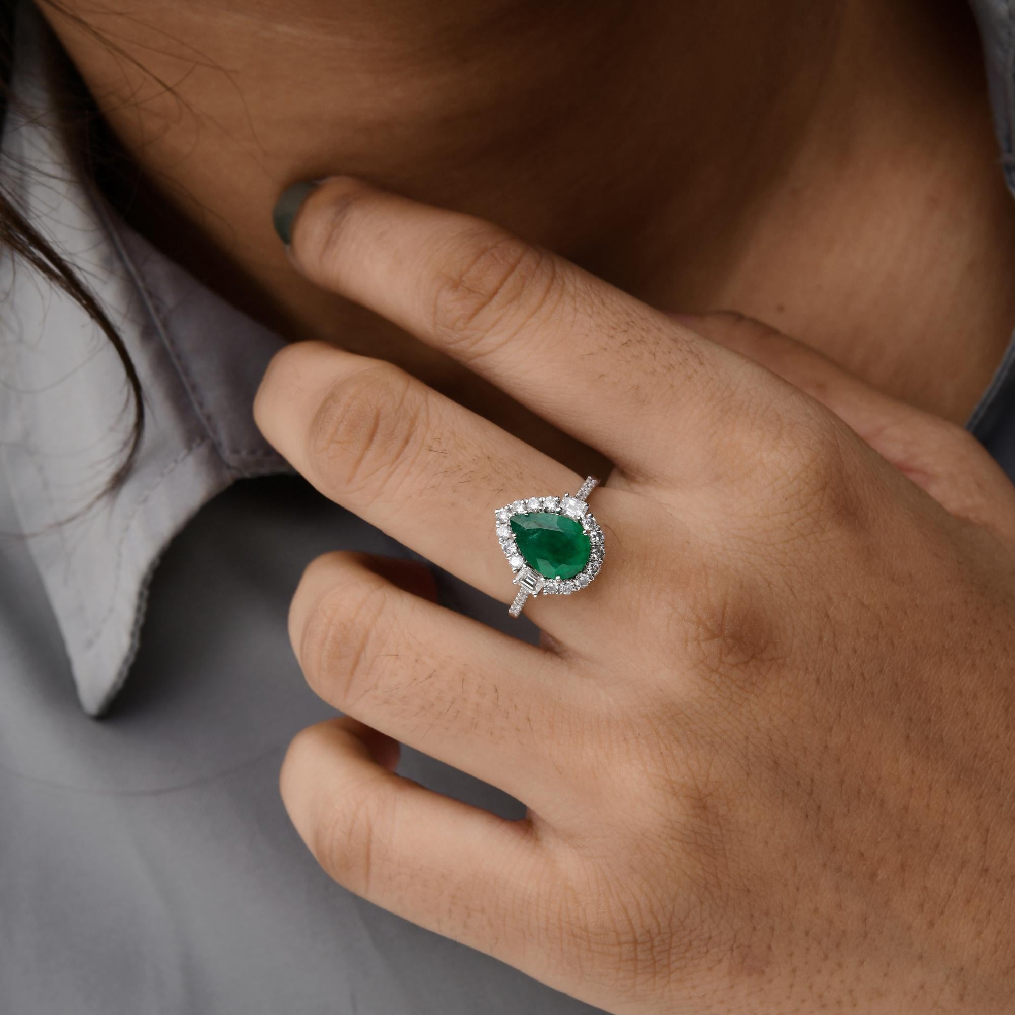 Women's Pear Zambian Emerald Gemstone Ring Diamond 14 Karat White Gold Handmade Jewelry For Sale