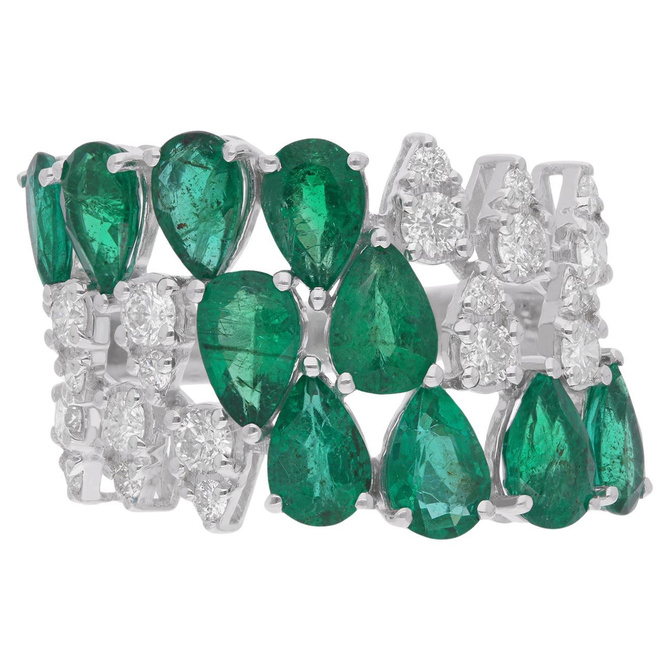 Bague en or blanc 14 carats avec diamants et émeraude de Zambie, faite à la main