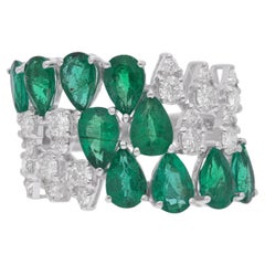 Bague en or blanc 14 carats avec diamants et émeraude de Zambie, faite à la main