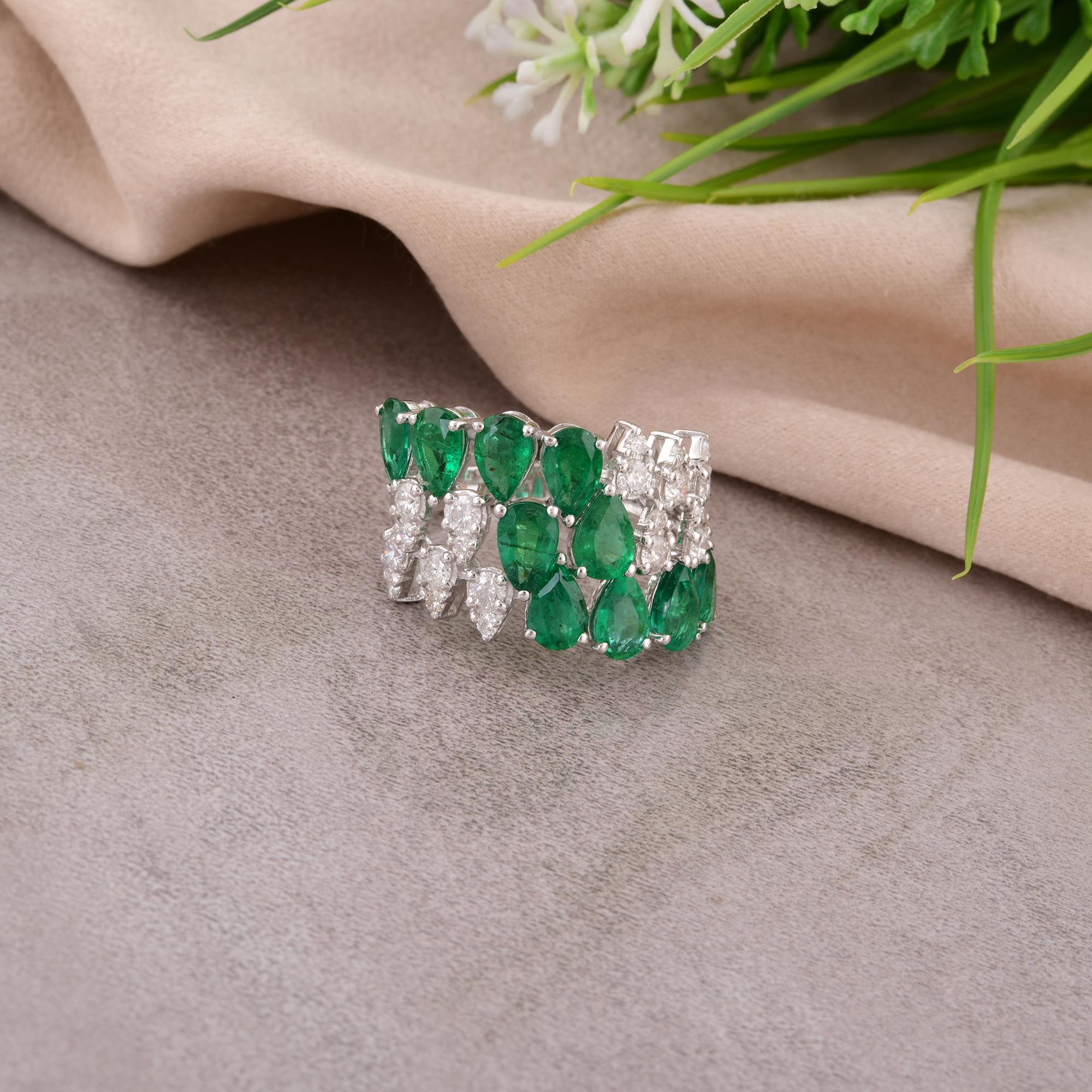 Modern Pear Zambian Emerald Gemstone Ring Diamond 18 Karat White Gold Handmade Jewelry For Sale