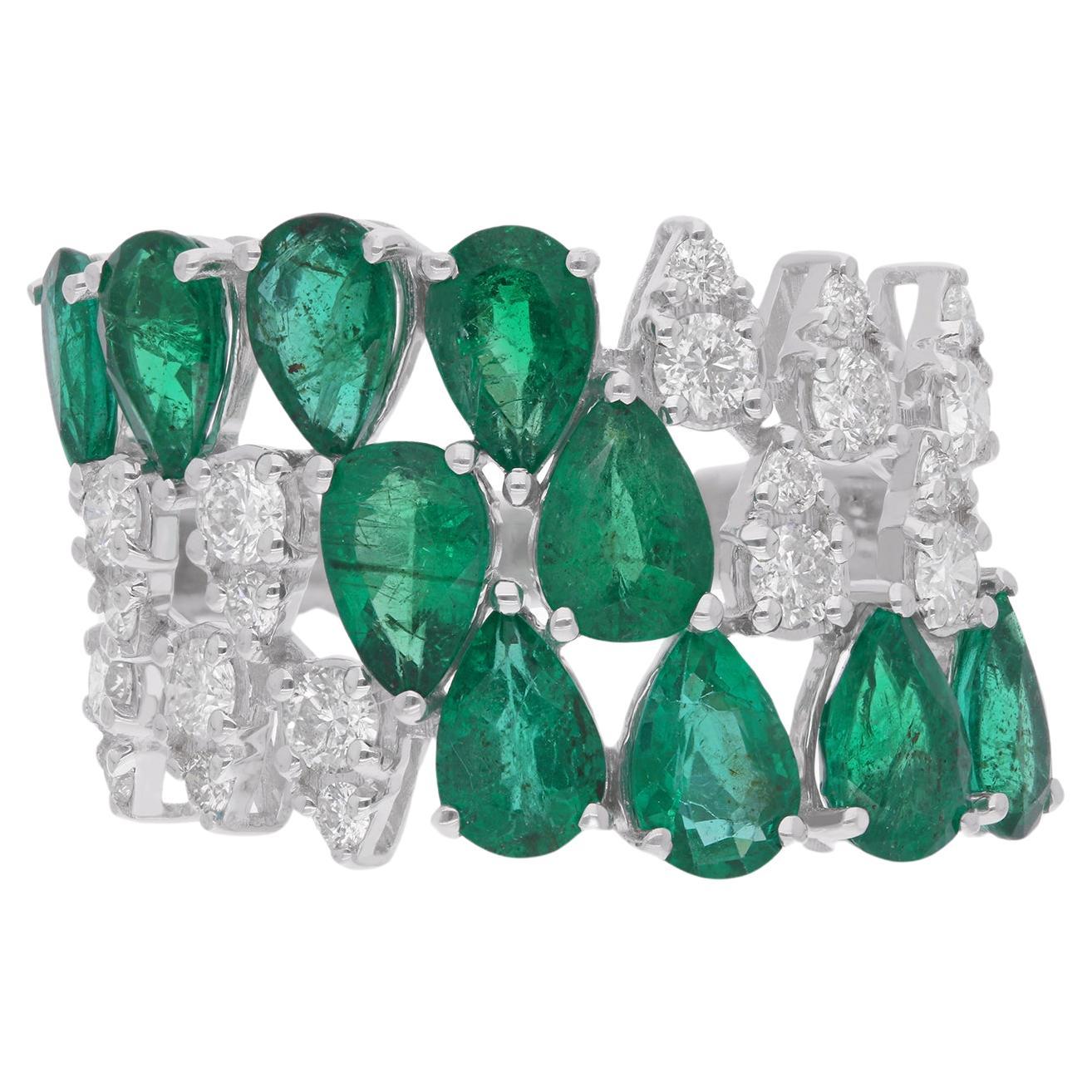 Pear Zambian Emerald Gemstone Ring Diamond 18 Karat White Gold Handmade Jewelry