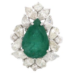 Pear Zambian Emerald Gemstone Ring Diamond Solid 18k White Gold Fine Jewelry