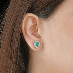 Pear Zambian Emerald Gemstone Stud Earrings Baguette Diamond 14 Karat White Gold