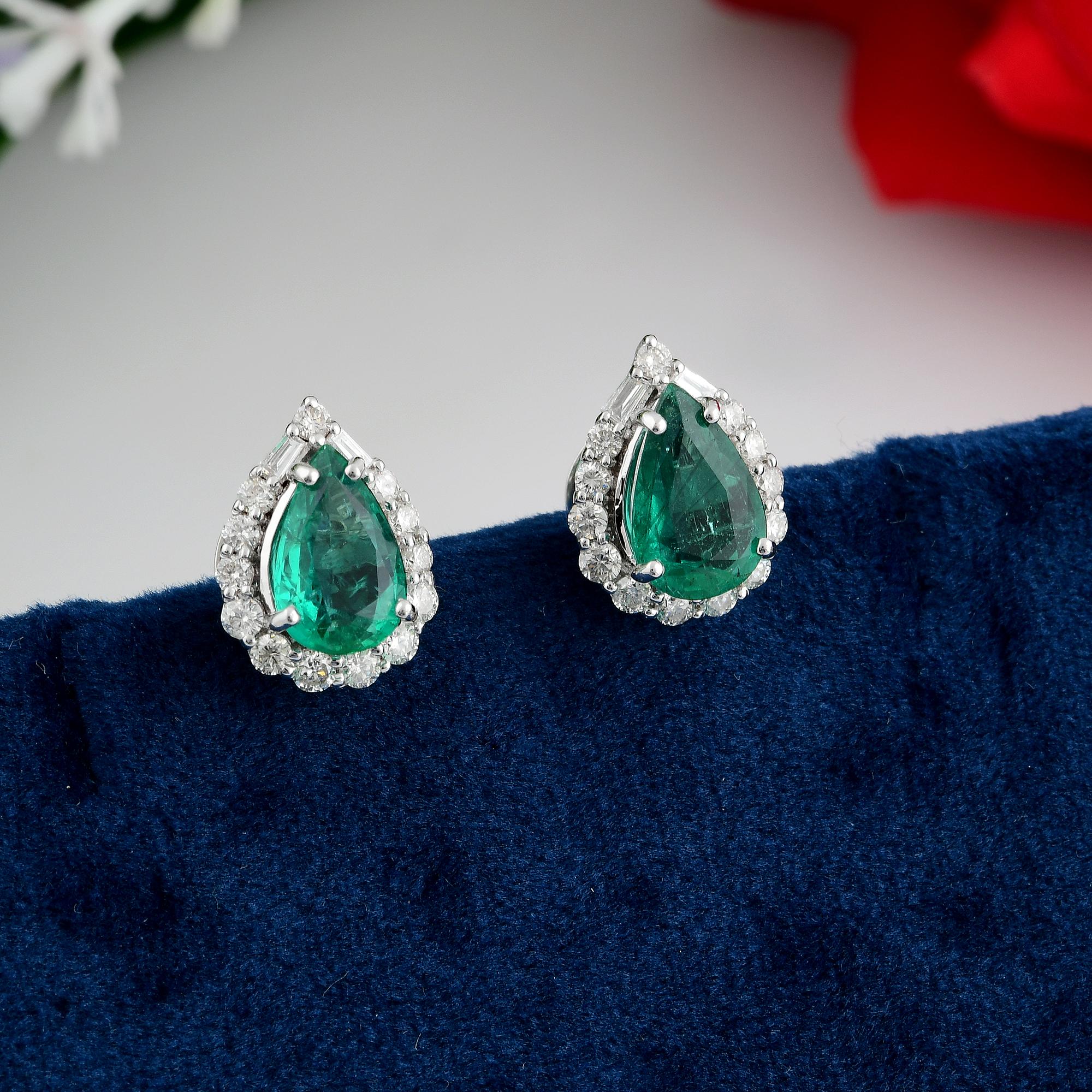 Modern Pear Zambian Emerald Gemstone Stud Earrings Baguette Diamond 14 Karat White Gold For Sale