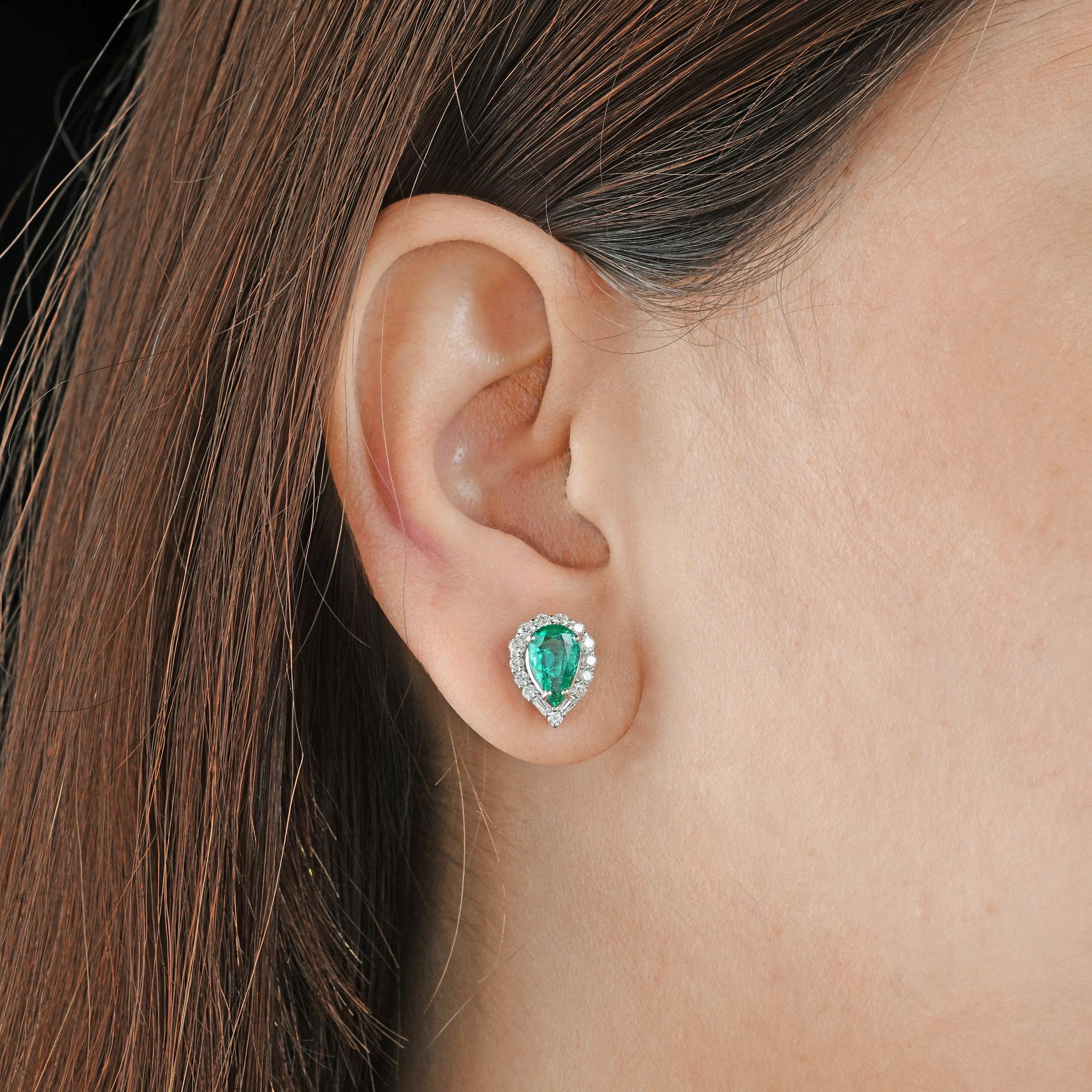 Pear Cut Pear Zambian Emerald Gemstone Stud Earrings Baguette Diamond 14 Karat White Gold For Sale