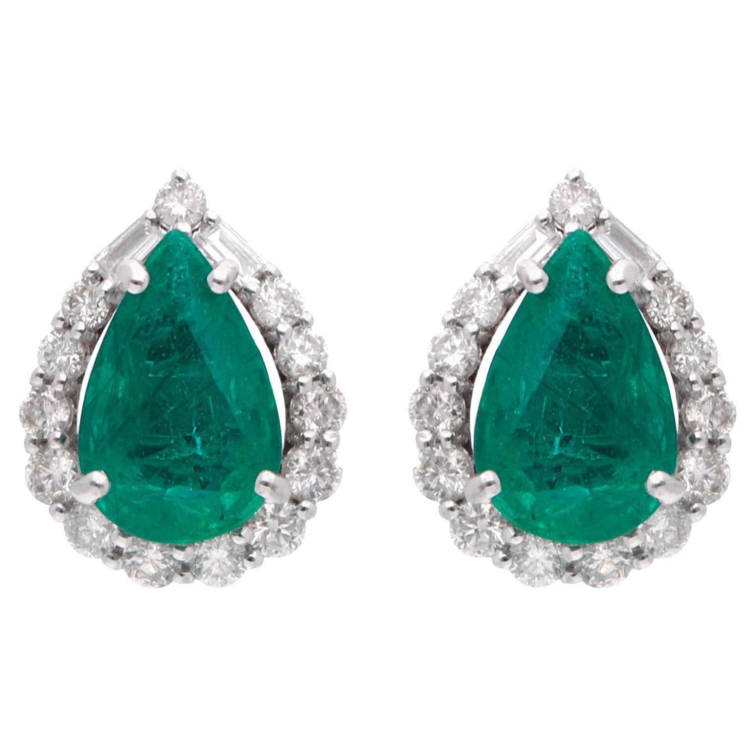 Boucles d'oreilles émeraude zambienne poire Baguette Diamant Or blanc 14 carats