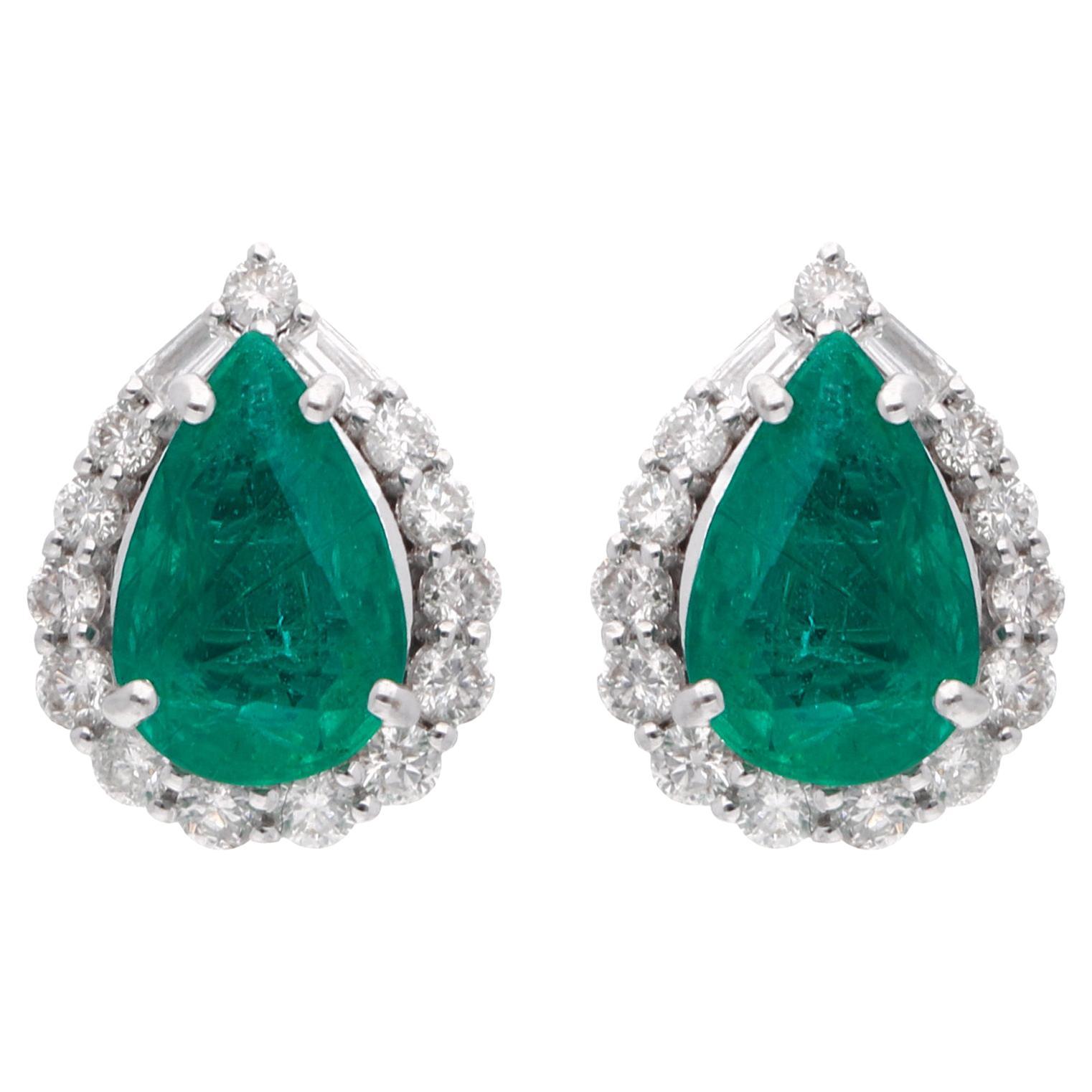 Pear Zambian Emerald Gemstone Stud Earrings Baguette Diamond 14 Karat White Gold