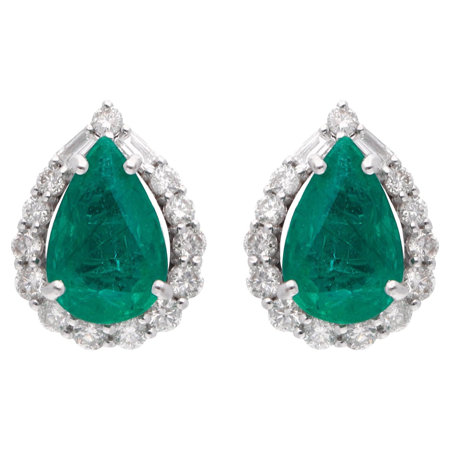 Birne Sambia Smaragd Edelstein Ohrstecker Baguette Diamant 18 Karat Weißgold