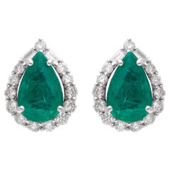 Birne Sambia Smaragd Edelstein Ohrstecker Baguette Diamant 18 Karat Weißgold