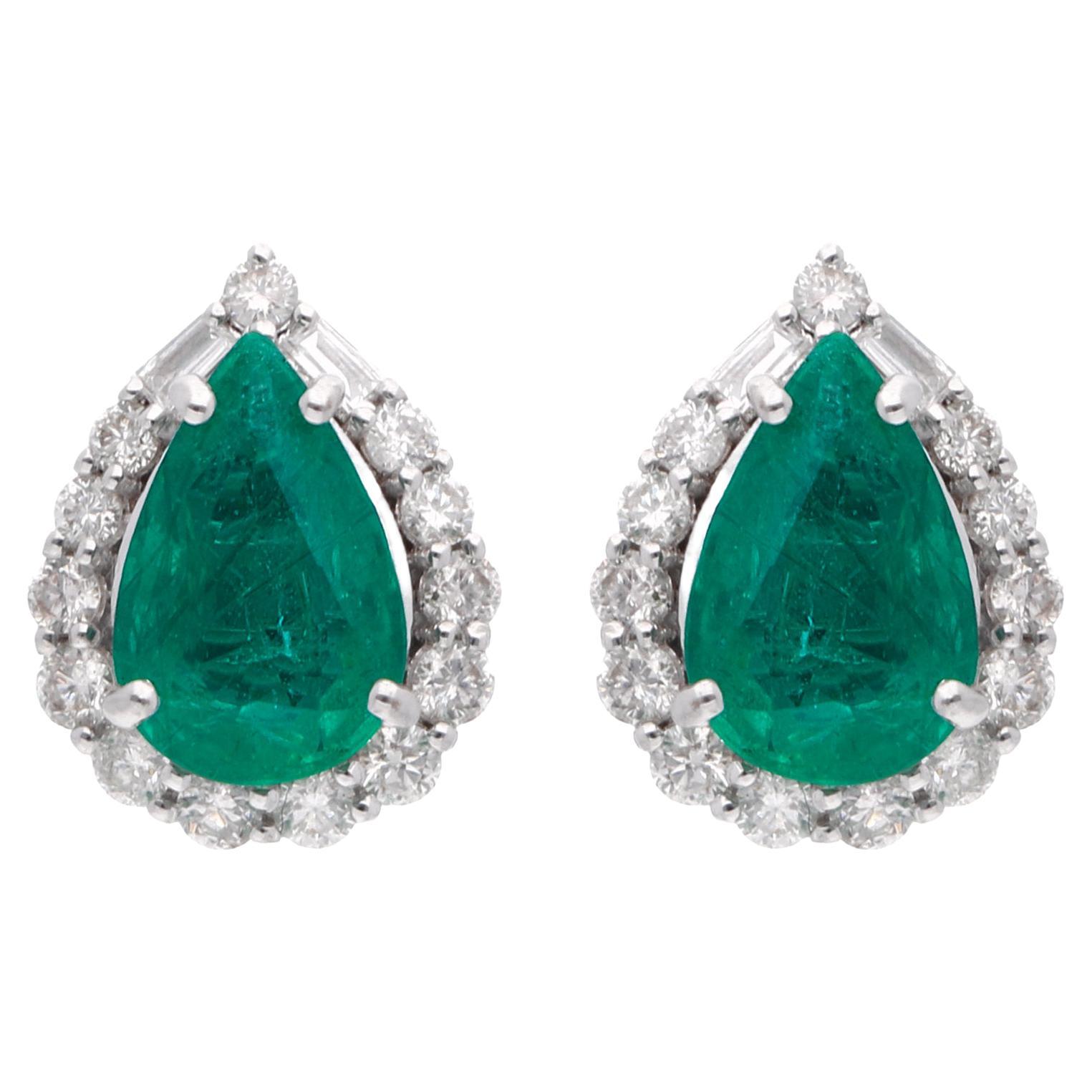 Pear Zambian Emerald Gemstone Stud Earrings Baguette Diamond 18 Karat White Gold