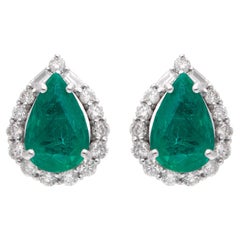 Pear Zambian Emerald Gemstone Stud Earrings Baguette Diamond 18 Karat White Gold