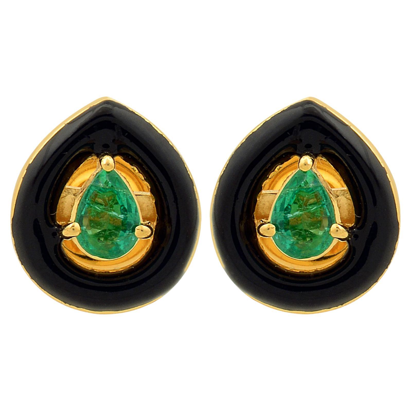 Pear Zambian Emerald Gemstone Stud Earrings Black Enamel 14 Karat Yellow Gold For Sale