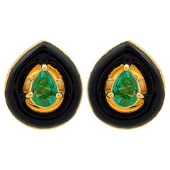 Pendientes esmeralda pera de Zambia Esmalte negro Oro amarillo 14 kilates