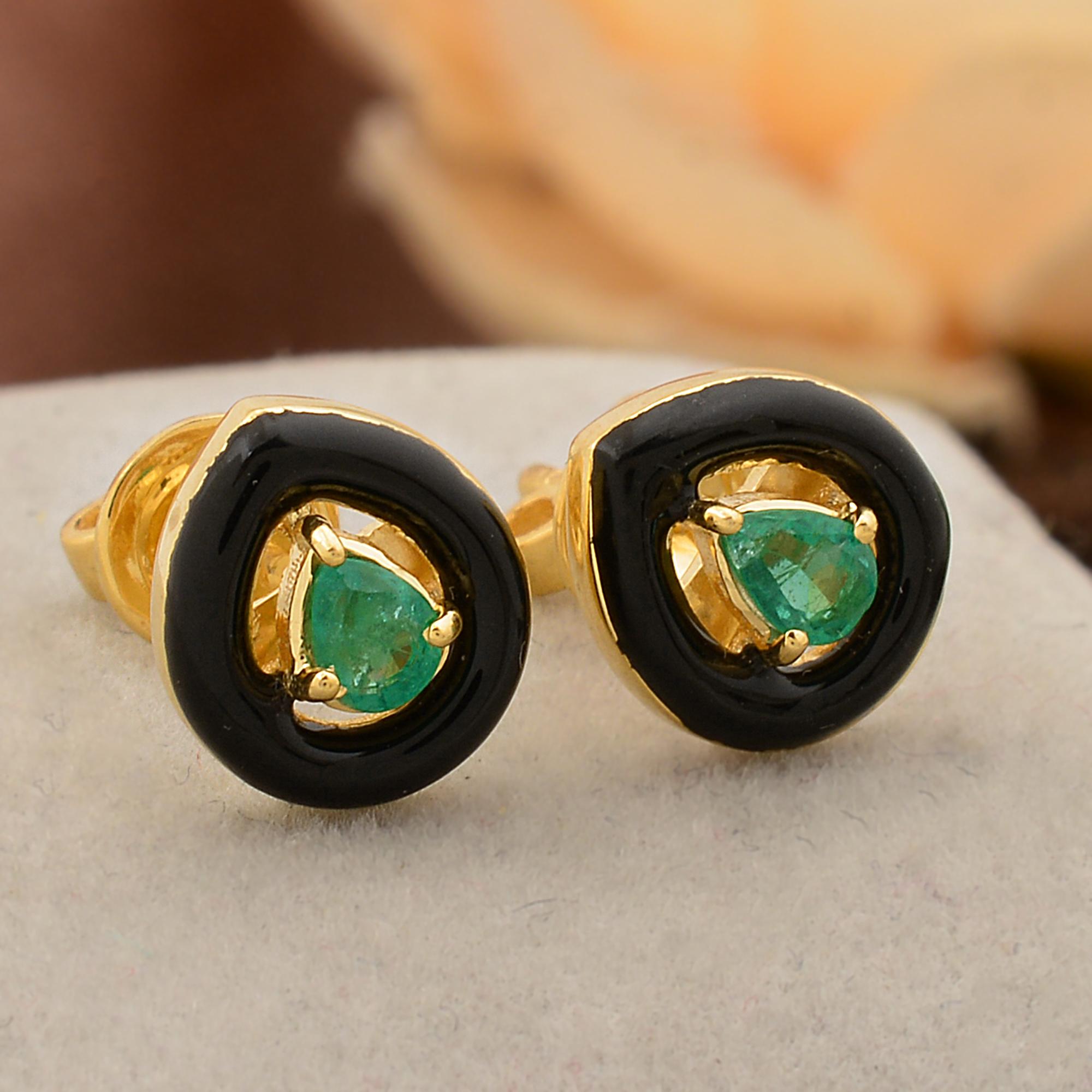 Pear Cut Pear Zambian Emerald Gemstone Stud Earrings Black Enamel 18 Karat Yellow Gold For Sale