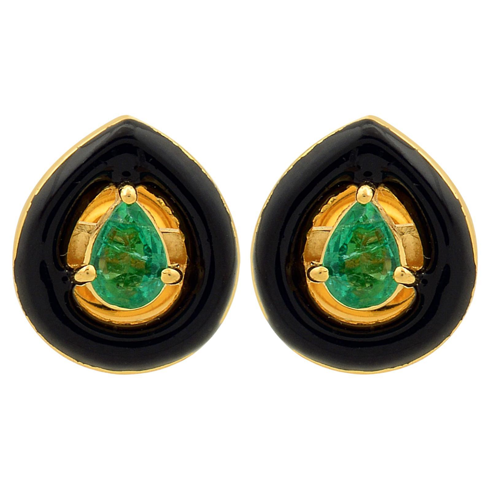 Pear Zambian Emerald Gemstone Stud Earrings Black Enamel 18 Karat Yellow Gold For Sale