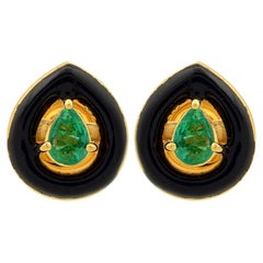 Pear Zambian Emerald Gemstone Stud Earrings Black Enamel 18 Karat Yellow Gold