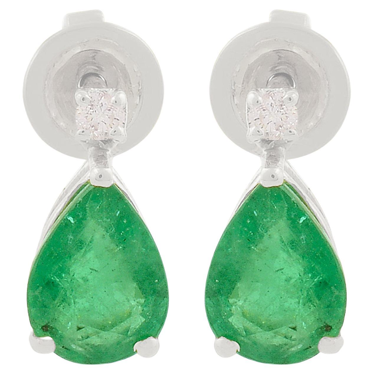 Pear Natural Emerald Gemstone Stud Earrings Diamond 14 Karat White Gold Jewelry