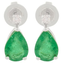 Pear Natural Emerald Gemstone Stud Earrings Diamond 14 Karat White Gold Jewelry