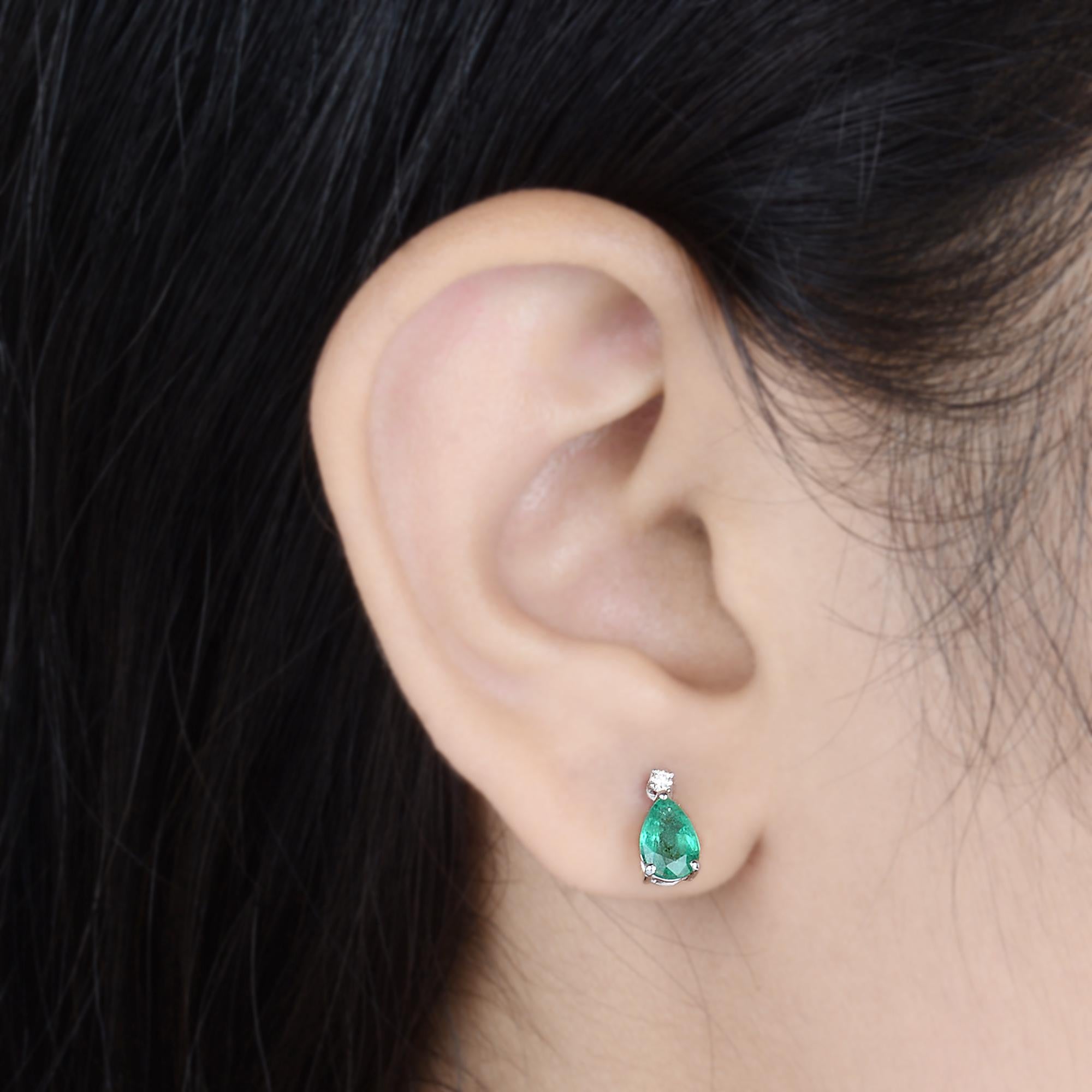 Modern Pear Natural Emerald Gemstone Stud Earrings Diamond Solid 10k White Gold Jewelry For Sale