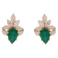 Pear Natural Emerald Gemstone Stud Earrings Marquise Diamond 18 Kt Yellow Gold
