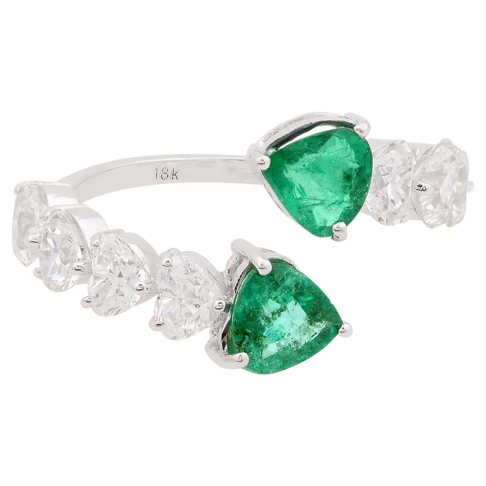 Pear Zambian Emerald Gemstone Wrap Ring Heart Shape Diamond 18 Karat White Gold