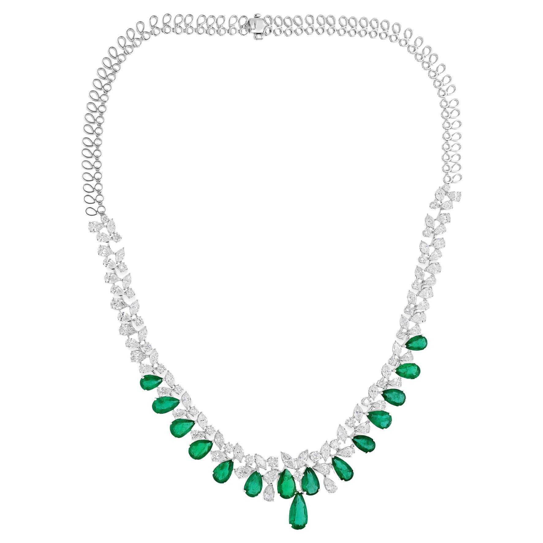 Collar Esmeralda Pera de Zambia SI/H Diamante Oro Blanco 18 Kilates Joyas Hechas a Mano