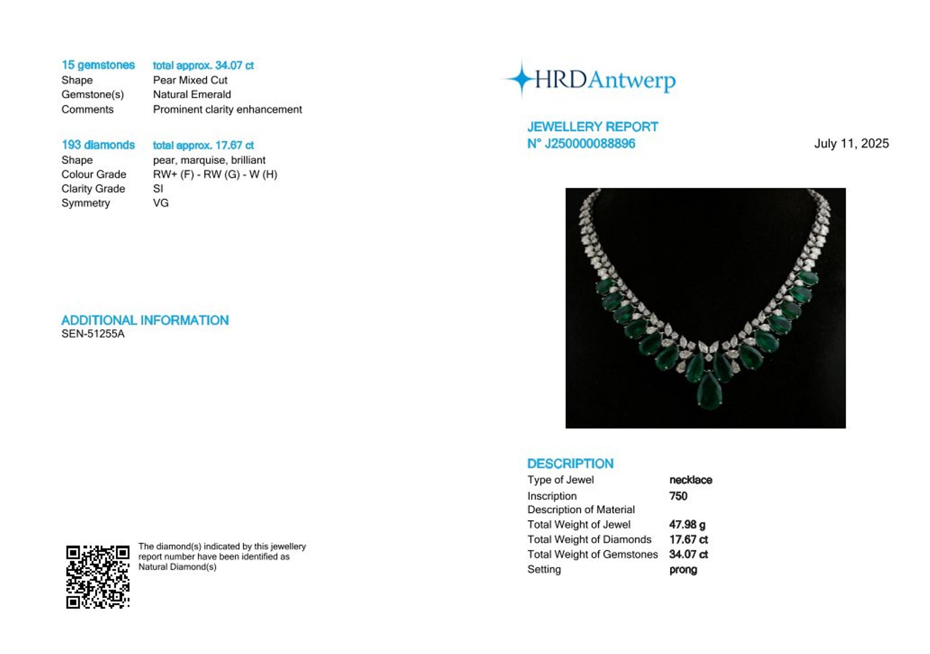 Moderne Collier artisanal en or blanc 18 carats avec émeraudes de Zambie en poire SI/H et diamants en vente