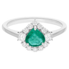 0.85 Karat Pear Emerald & Natural Diamond Halo Engagement Ring 18k White Gold