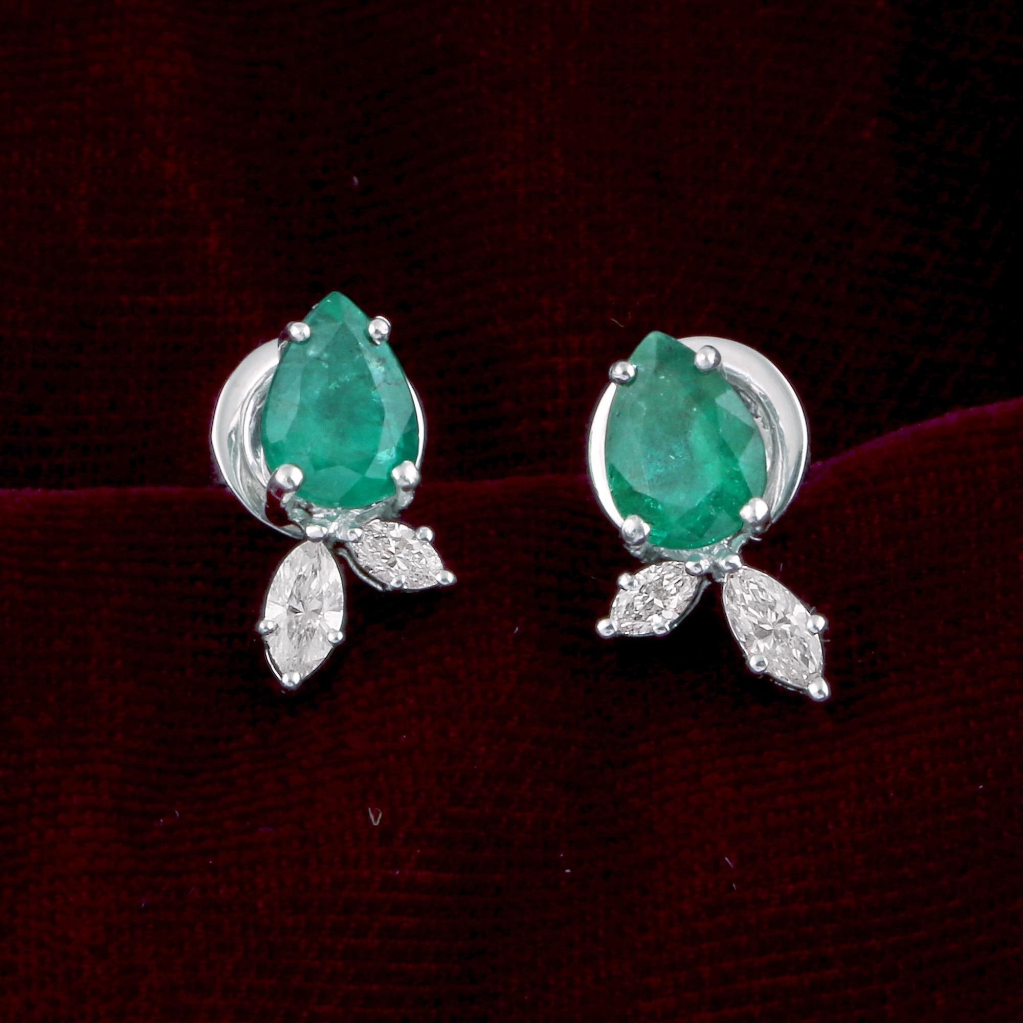 Modern Pear Natural Emerald Stud Earrings Diamond 14k White Gold Fine Handmade Jewelry For Sale