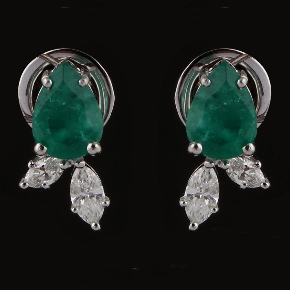 Women's Pear Natural Emerald Stud Earrings Diamond 14k White Gold Fine Handmade Jewelry For Sale